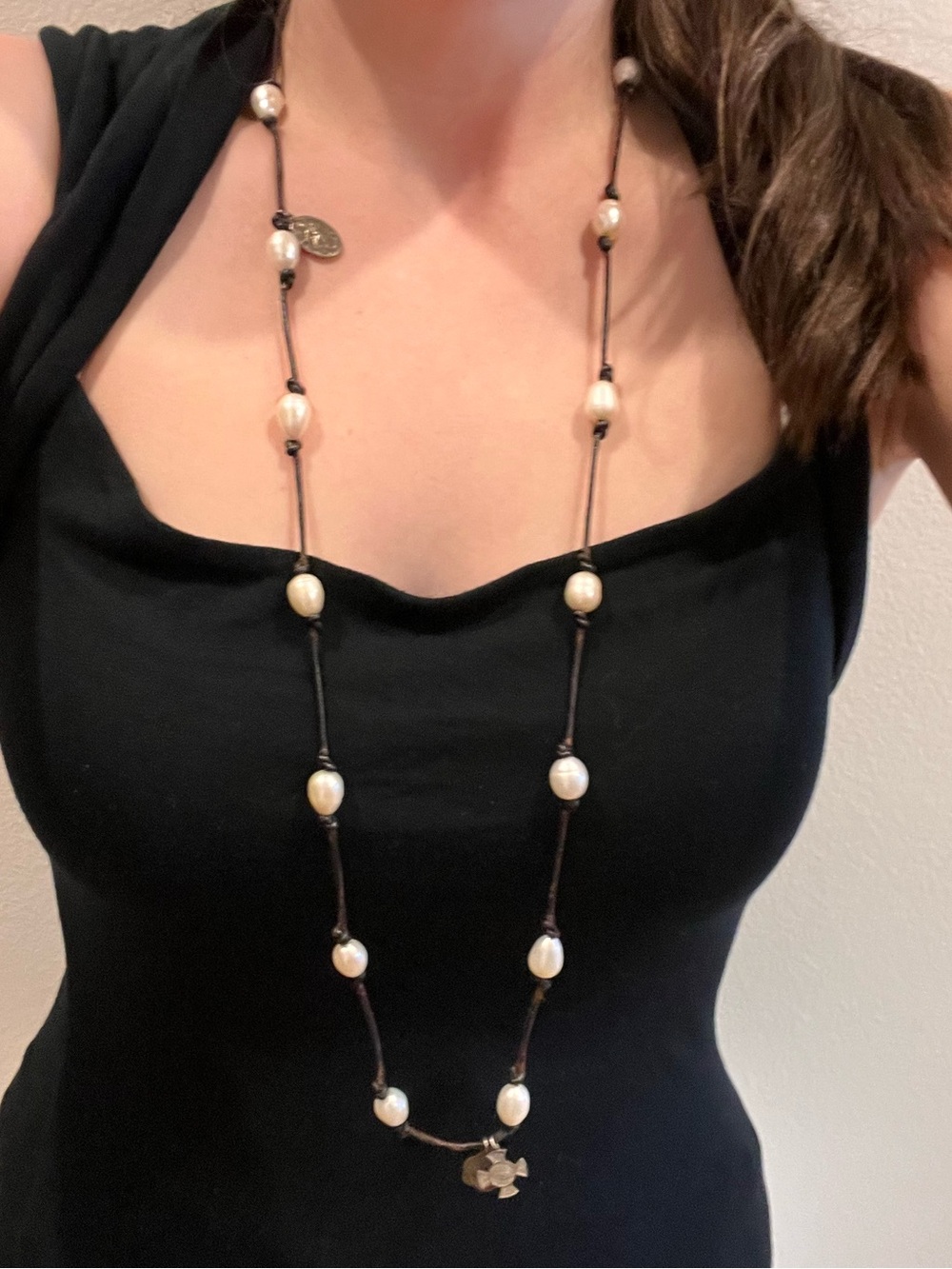 Freshwater Pearl and Religious Medallion Necklace with Leather Cord - White -